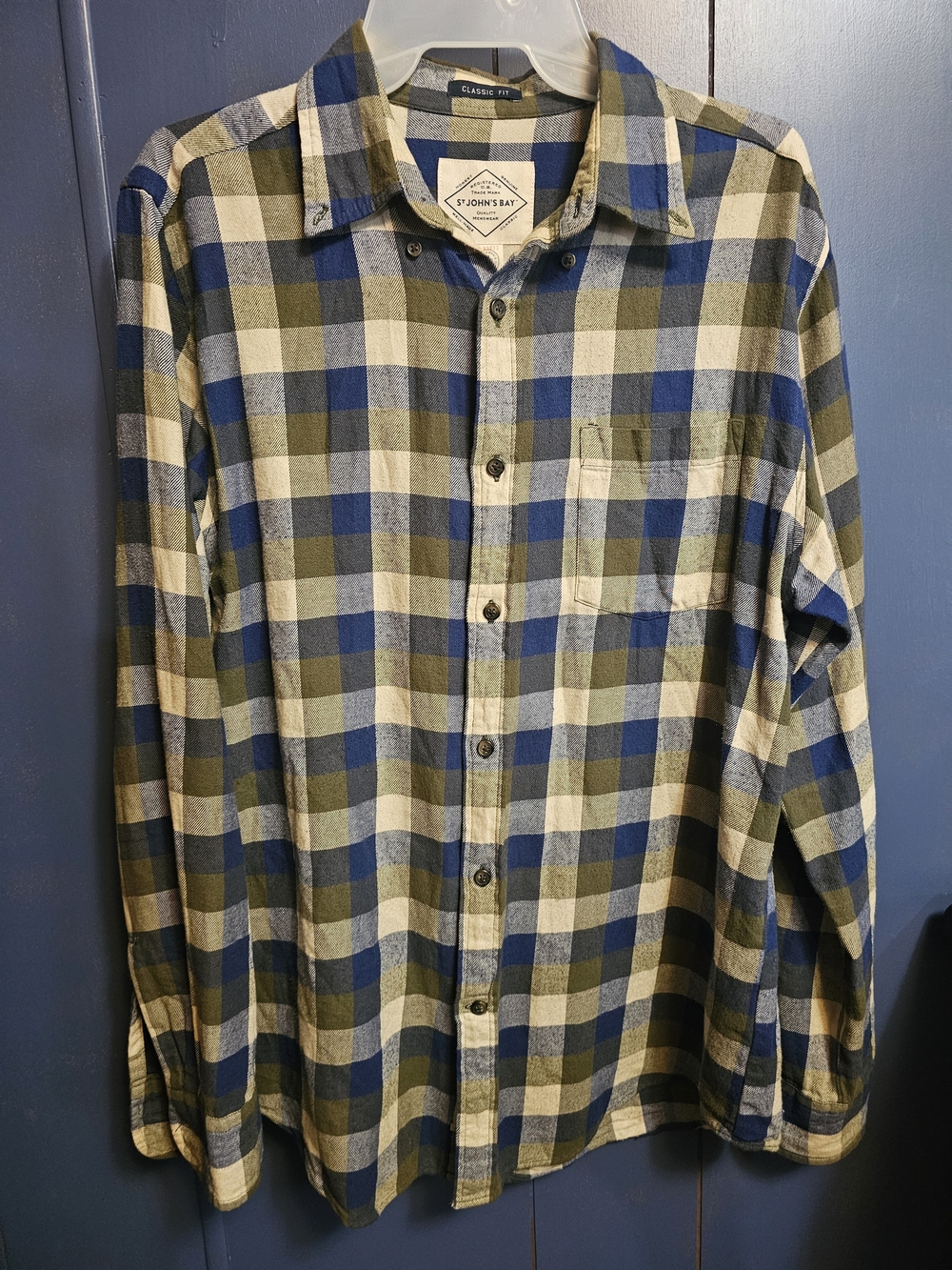St. John's Bay Men's Blue & Olive Plaid Button-Up Shirt
